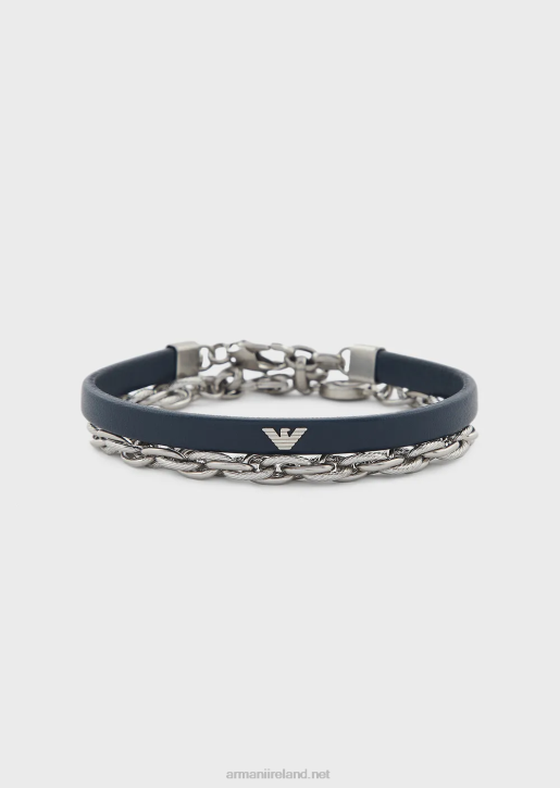 Men 086V2079 Blue Leather And Stainless Steel Bracelet Set Armani Dark Blue