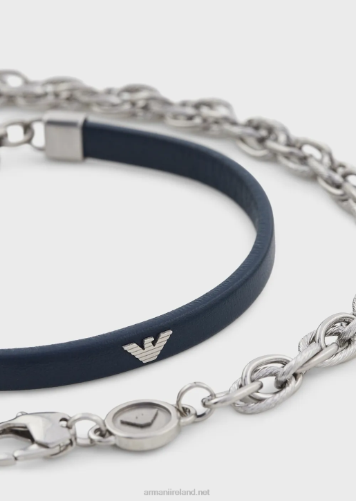 Men 086V2079 Blue Leather And Stainless Steel Bracelet Set Armani Dark Blue