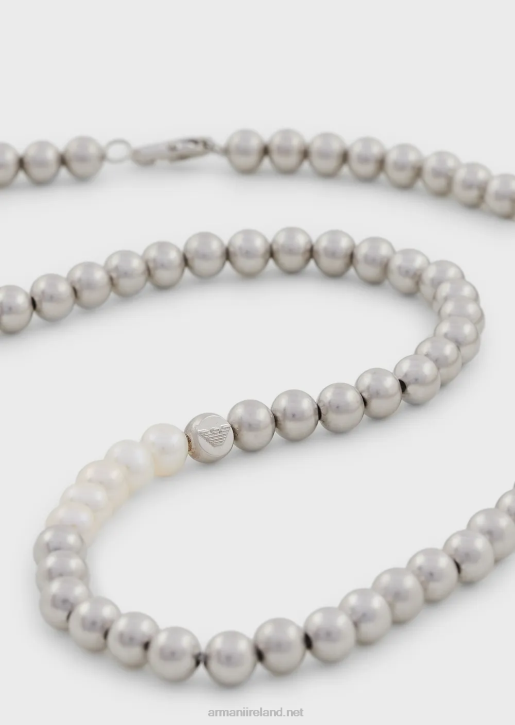 Men 086V2091 Silver-Tone Brass Beaded Necklace Armani Silver