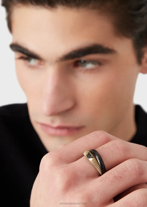 Men 086V2100 Antique Gold-Tone Stainless Steel Stack Ring Armani Black