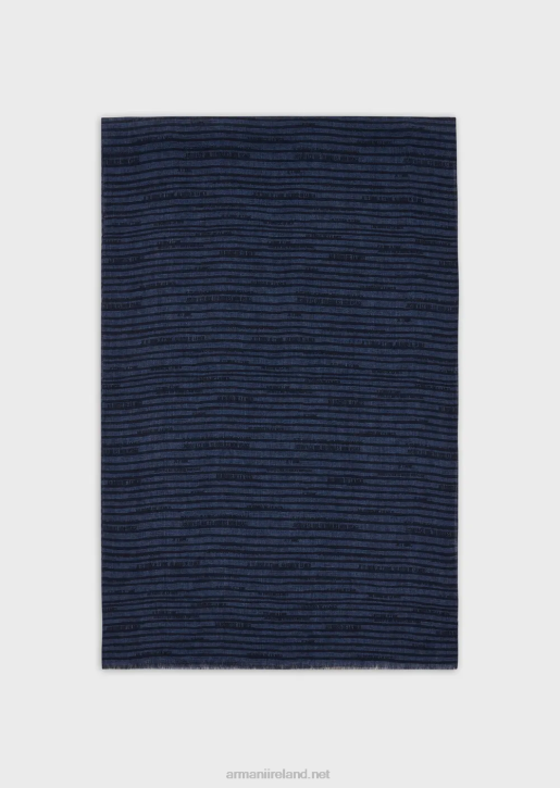 Men 086V2116 Linen Stole With All-Over Collection Phrase Armani Navy Blue