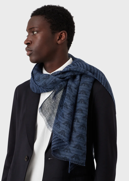 Men 086V2116 Linen Stole With All-Over Collection Phrase Armani Navy Blue