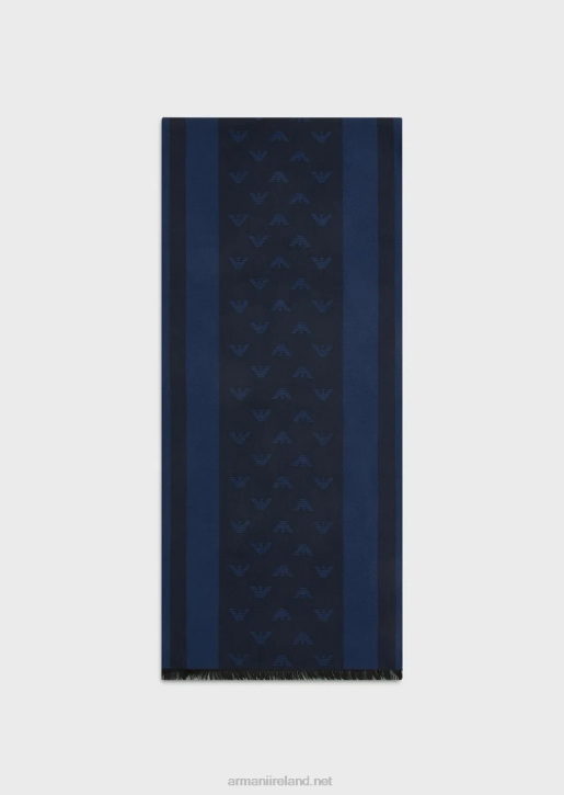 Men 086V2117 Wool-Blend Scarf With All-Over Eagle And Stripes Armani