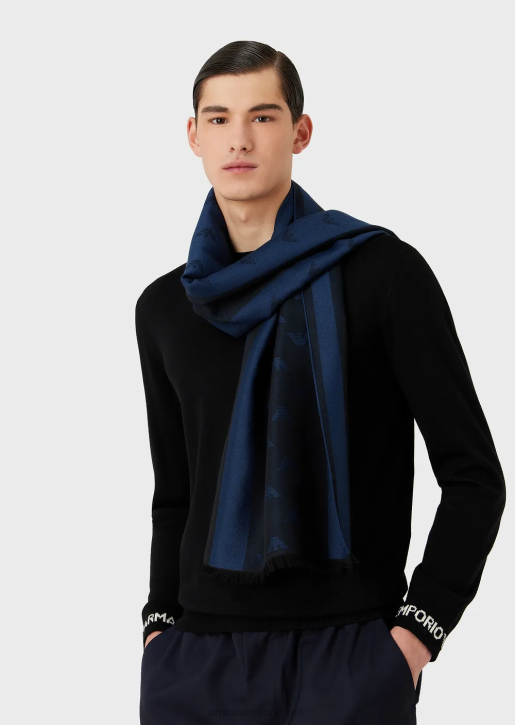 Men 086V2117 Wool-Blend Scarf With All-Over Eagle And Stripes Armani