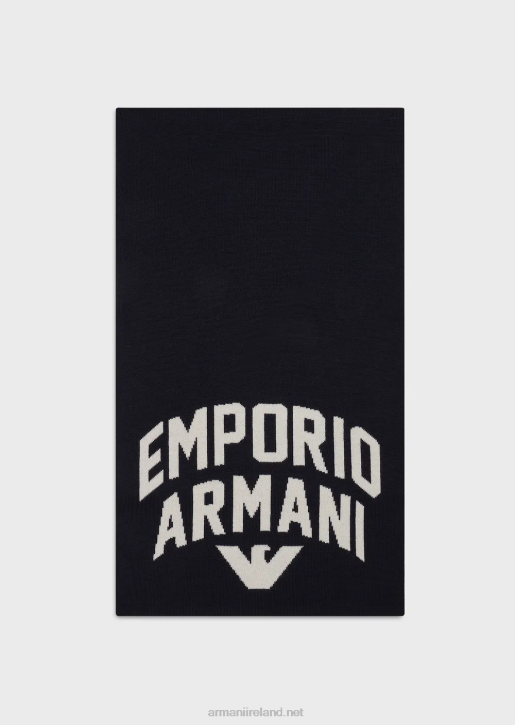 Men 086V2120 Wool-Blend Scarf With Bold Logo Armani Navy Blue