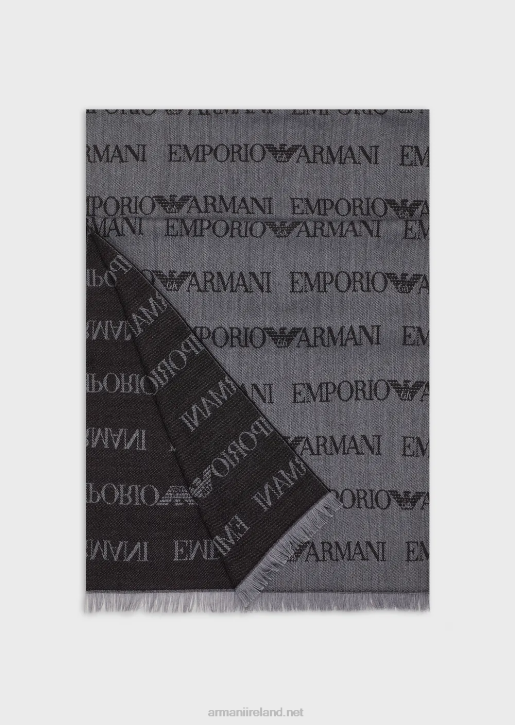 Men 086V2121 Wool-Blend Scarf With All-Over Jacquard Lettering Armani Gray