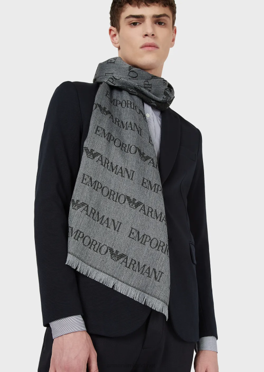 Men 086V2121 Wool-Blend Scarf With All-Over Jacquard Lettering Armani Gray