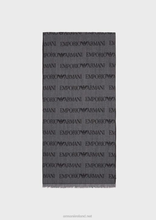 Men 086V2123 Virgin-Wool Blend Scarf With Jacquard Logo Lettering And Fringes Armani Gray
