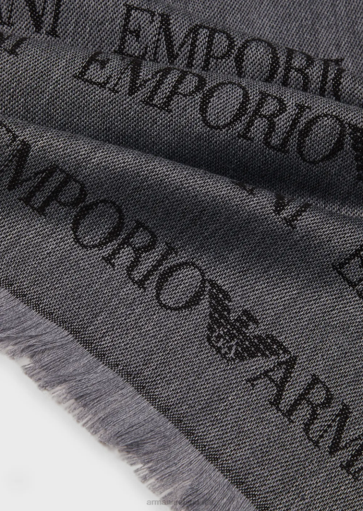 Men 086V2123 Virgin-Wool Blend Scarf With Jacquard Logo Lettering And Fringes Armani Gray