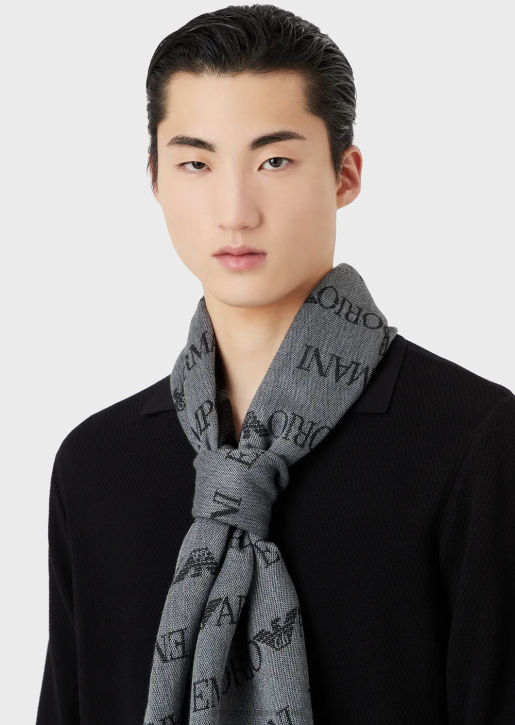 Men 086V2123 Virgin-Wool Blend Scarf With Jacquard Logo Lettering And Fringes Armani Gray