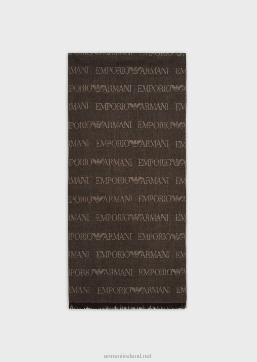 Men 086V2124 Virgin-Wool Blend Scarf With Jacquard Logo Lettering And Fringes Armani Brown