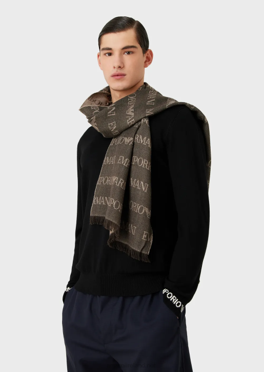 Men 086V2124 Virgin-Wool Blend Scarf With Jacquard Logo Lettering And Fringes Armani Brown