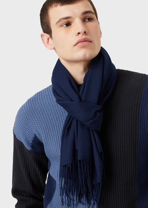 Men 086V2125 Fringed Scarf With Eagle Print Armani Navy Blue