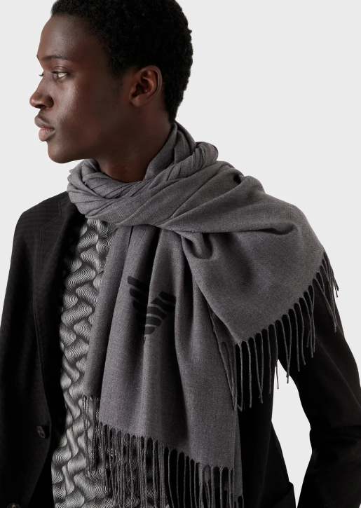 Men 086V2126 Fringed Scarf With Eagle Print Armani Light Gray