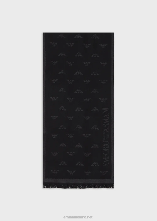 Men 086V2129 All-Over Eagle Embroidered Wool Scarf Armani Anthracite