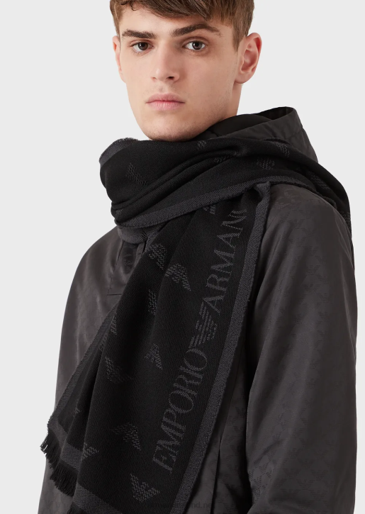 Men 086V2129 All-Over Eagle Embroidered Wool Scarf Armani Anthracite