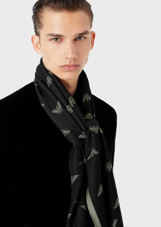 Men 086V2130 All-Over Eagle Embroidered Wool Scarf Armani Pattern