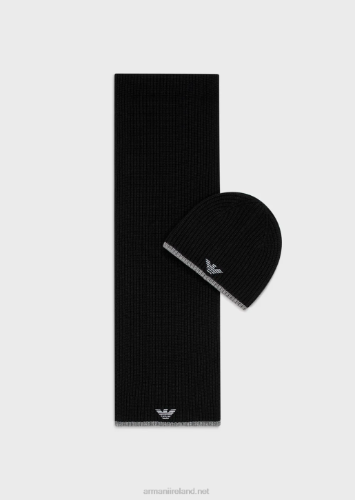 Men 086V2133 Hat And Scarf Set With Embroidered Eagle Armani Black