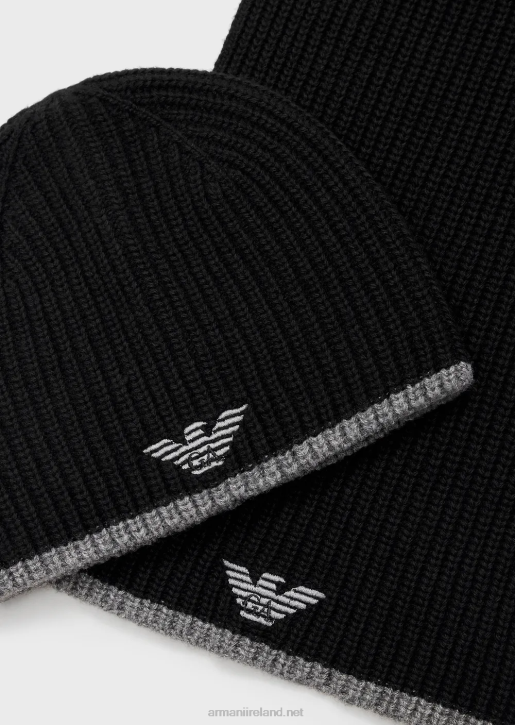 Men 086V2133 Hat And Scarf Set With Embroidered Eagle Armani Black