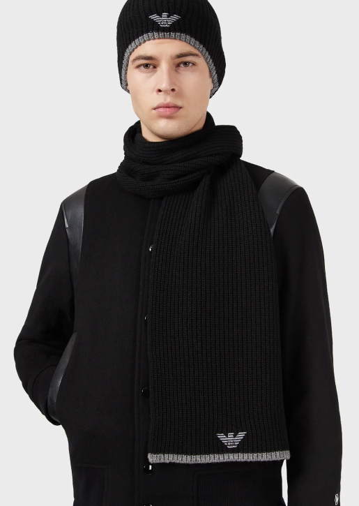 Men 086V2133 Hat And Scarf Set With Embroidered Eagle Armani Black