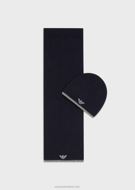 Men 086V2135 Hat And Scarf Set With Embroidered Eagle Armani Navy Blue