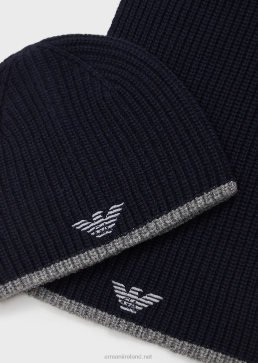 Men 086V2135 Hat And Scarf Set With Embroidered Eagle Armani Navy Blue