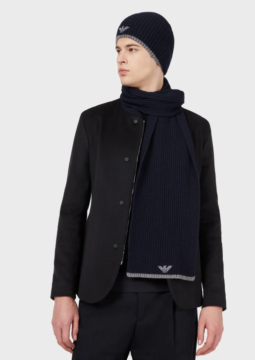 Men 086V2135 Hat And Scarf Set With Embroidered Eagle Armani Navy Blue