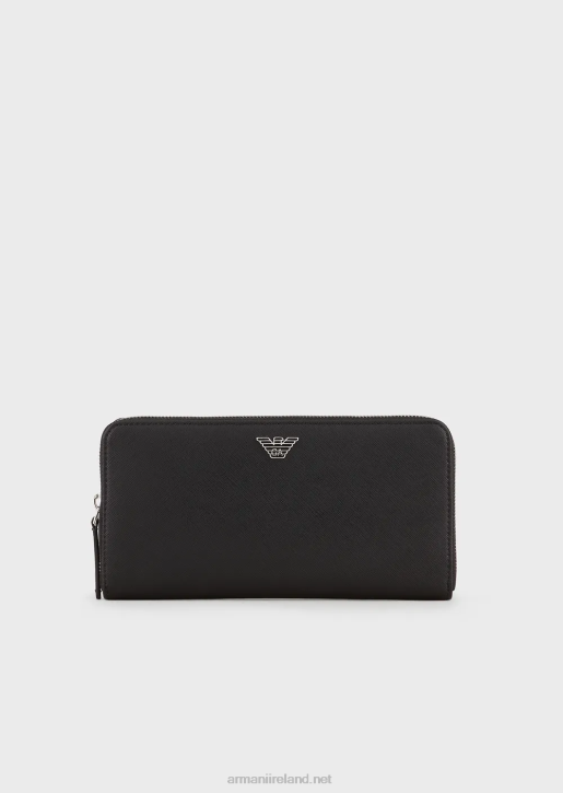 Men 086V2184 Regenerated-Leather Wallet With Wraparound Zip And Eagle Plate Armani Black