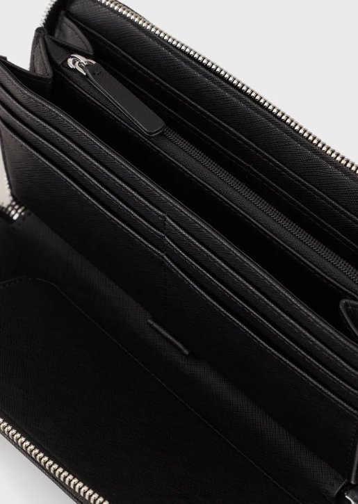 Men 086V2184 Regenerated-Leather Wallet With Wraparound Zip And Eagle Plate Armani Black