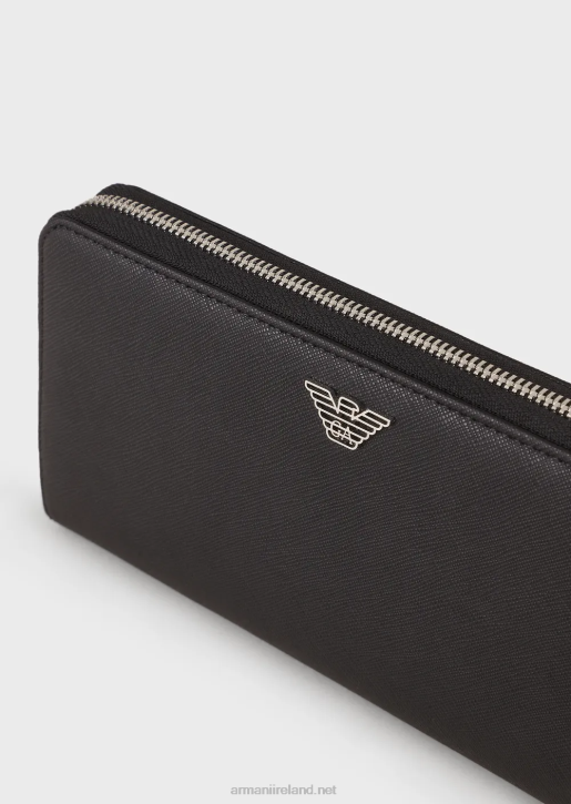 Men 086V2184 Regenerated-Leather Wallet With Wraparound Zip And Eagle Plate Armani Black