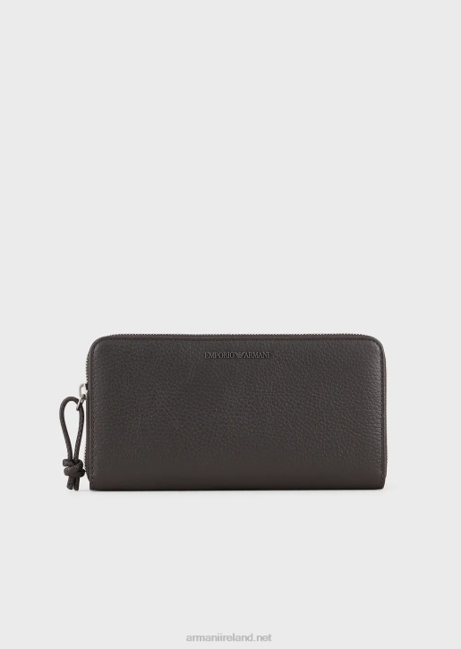 Men 086V2185 Tumbled Leather Wallet With Wrap-Around Zip Armani Dark Gray