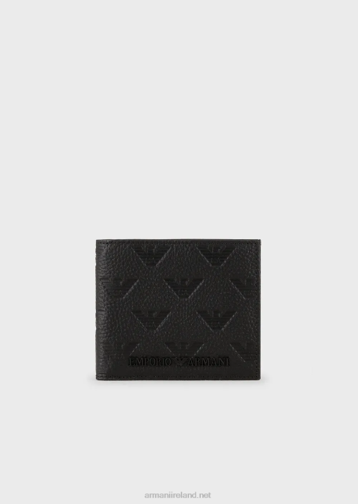 Men 086V2201 Leather Coin-Pocket Wallet With All-Over Embossed Eagle Armani Black