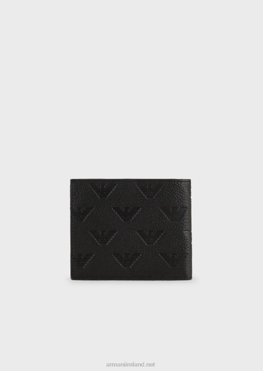 Men 086V2201 Leather Coin-Pocket Wallet With All-Over Embossed Eagle Armani Black