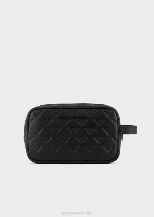 Men 086V2213 Leather Washbag With All-Over Embossed Eagle Armani Black