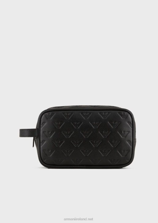Men 086V2213 Leather Washbag With All-Over Embossed Eagle Armani Black