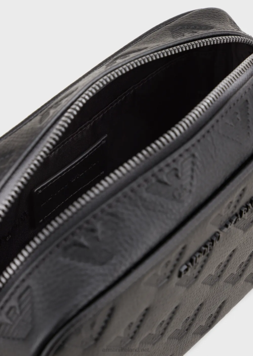 Men 086V2213 Leather Washbag With All-Over Embossed Eagle Armani Black