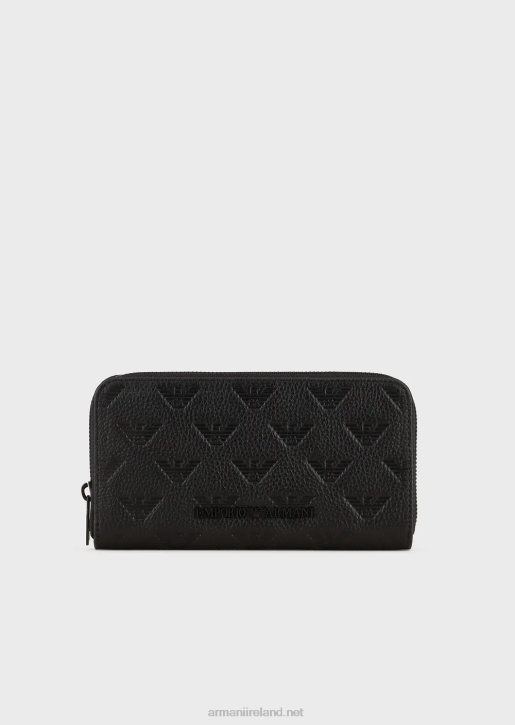 Men 086V2214 Zip-Around Leather Wallet With All-Over Embossed Eagle Armani Black