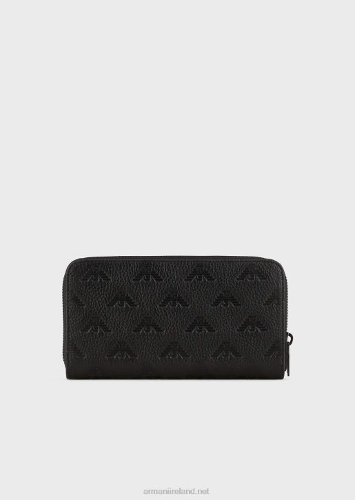 Men 086V2214 Zip-Around Leather Wallet With All-Over Embossed Eagle Armani Black