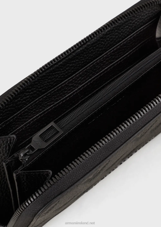 Men 086V2214 Zip-Around Leather Wallet With All-Over Embossed Eagle Armani Black