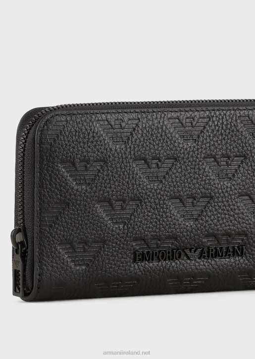 Men 086V2214 Zip-Around Leather Wallet With All-Over Embossed Eagle Armani Black