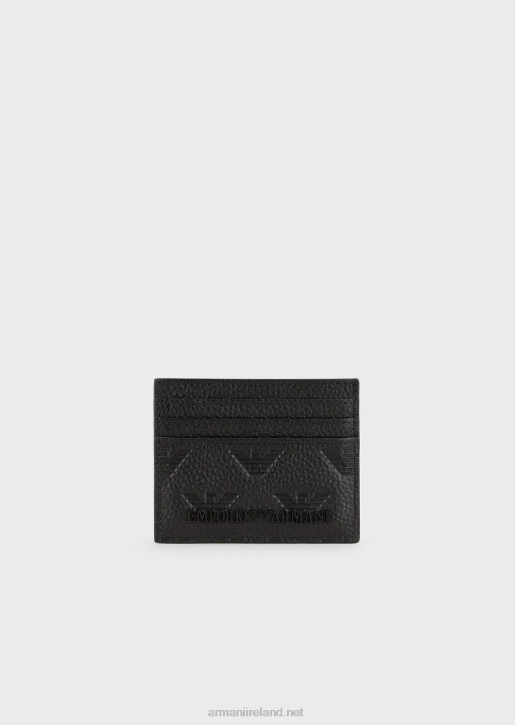 Men 086V2215 Leather Card Holder With All-Over Embossed Eagle Armani Black