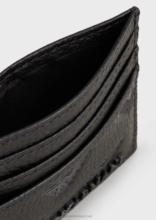 Men 086V2215 Leather Card Holder With All-Over Embossed Eagle Armani Black