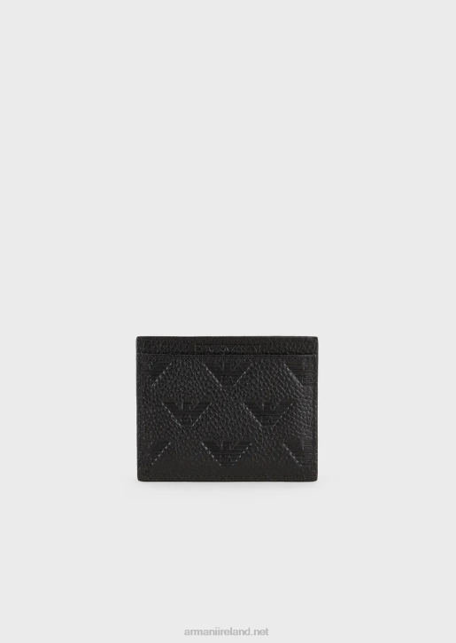 Men 086V2215 Leather Card Holder With All-Over Embossed Eagle Armani Black