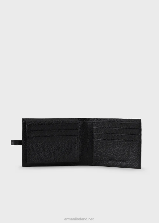 Men 086V2222 Tumbled Leather Wallet With Removable Card Holder Armani Black Logo