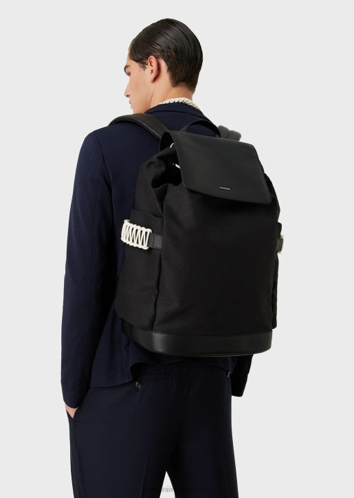 Men 086V1946 Recycled Twill Backpack With Leather Details Armani Black