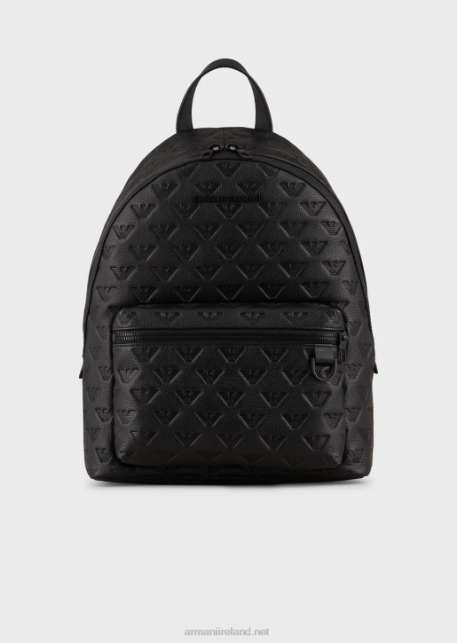 Men 086V1952 Round Leather Backpack With All-Over Embossed Eagle Armani
