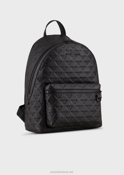 Men 086V1952 Round Leather Backpack With All-Over Embossed Eagle Armani