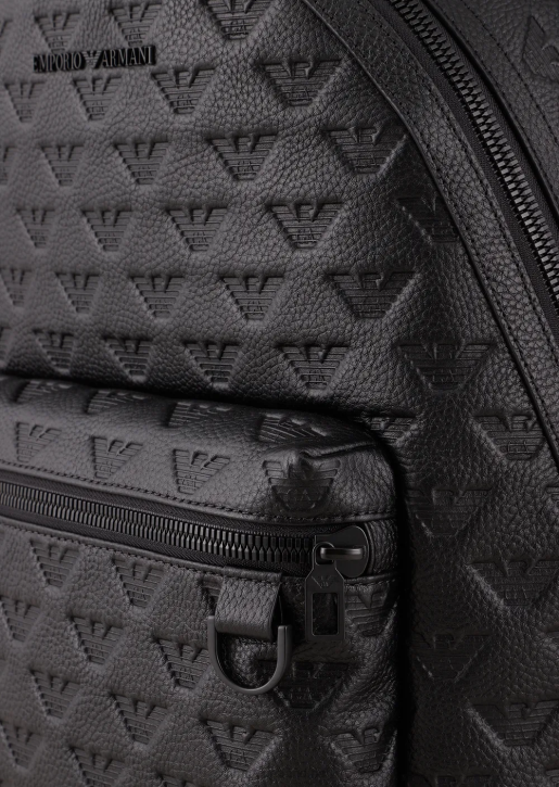 Men 086V1952 Round Leather Backpack With All-Over Embossed Eagle Armani