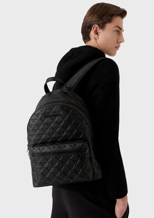 Men 086V1952 Round Leather Backpack With All-Over Embossed Eagle Armani