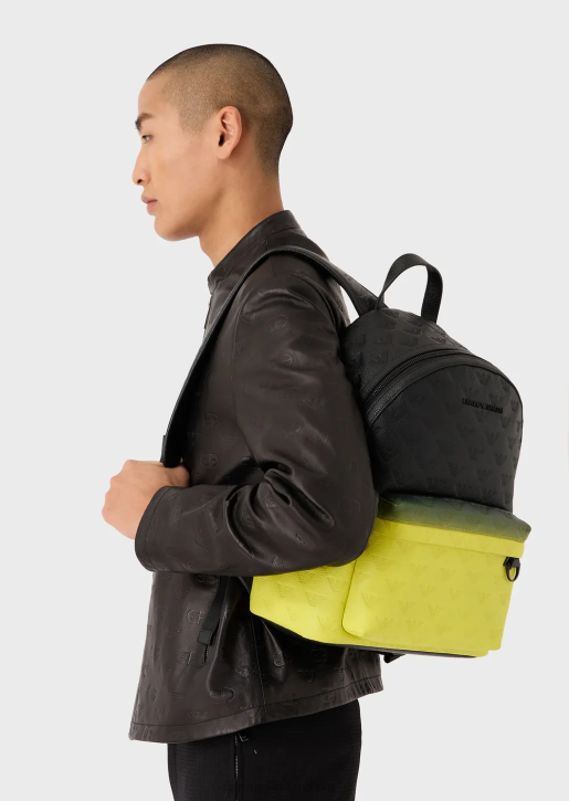 Men 086V1953 Gradient Leather Backpack With All-Over Embossed Eagle Armani Pattern